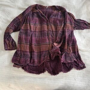 Free People Plaid Button-Up Flowy Top